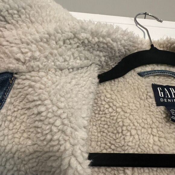 GAP Denim Sherpa Icon Jean Jacket Oversized XSP Trucker Warm Jean $118 retail - Picture 5 of 11
